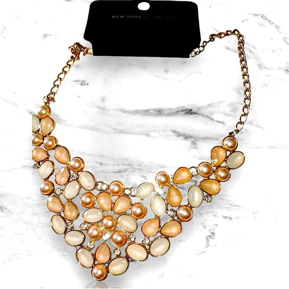 New York & Company Jewelry - New York & Co Gold Tone Faux Pearls & Rhinestones Bib Necklace Jewelry